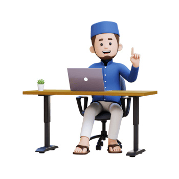 3D Characters of Muslim Man got idea and working on a laptop in working desk perfect for banner, web dan marketing material png