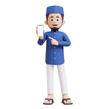 3D Characters of Muslim Man pointing to empty phone screen perfect for banner, web dan marketing material png
