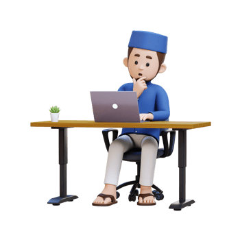 3D Characters of Muslim Man thinking and working on a laptop in working desk perfect for banner, web dan marketing material png