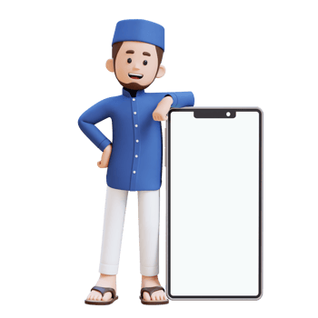 3D Characters of Muslim Man laying on big empty phone screen perfect for banner, web dan marketing material png