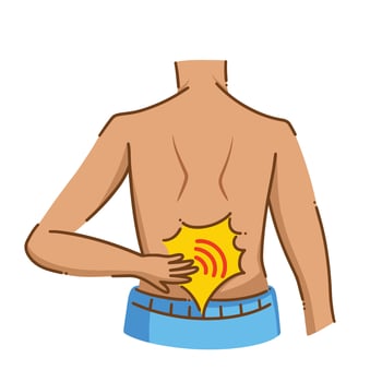 Male figure person from behind view wearing blue pants with back pain ache problem vector illustration full colored isolated on square white background. Simple flat cartoon art styled medical drawing.