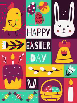 Easter Greeting card. Vertical graphic poster with cute flat symbols of Easter. Chicken, bunny, bell, candle. Colorful bright contrast card with freehand chidish elements. Flat vector illustration.