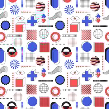 Seamless pattern with abstract graphic elements and bold geometric shapes. Circles, grid, rectangles. Red blue color objects. Bauhaus and brutalism style inspired. Vector design on white background