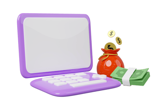 3d purple laptop computer monitor with bag coin dollar money, banknotes stack isolated. minimal concept, 3d render illustration png
