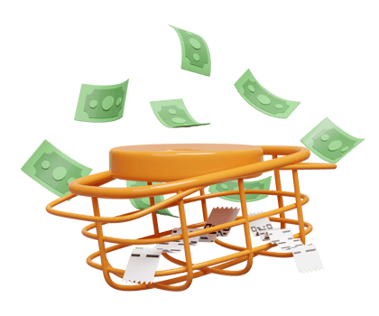Orange podium empty with banknote, basket, invoice or paper check receipt isolated. economic movements or business finance concept, 3d illustration render png