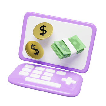 3d purple laptop computer monitor with coin dollar money, banknotes stack isolated. minimal concept, 3d render illustration png