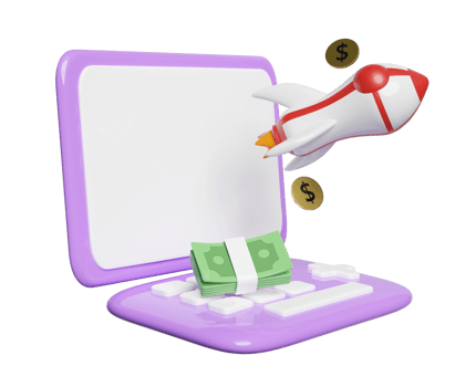 3d purple laptop computer monitor with rocket, coin dollar money, banknotes stack isolated. minimal concept, 3d render illustration png
