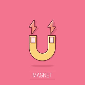 Magnet icon in comic style. Attract cartoon vector illustration on isolated background. Electromagnetic splash effect business concept.