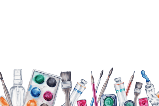 Art supplies banner with brushes, paints, paint tubes, pencil, palette, water spray. Watercolor Illustration isolated on transparent background. Hand painted design for certificates, flyers, cards png