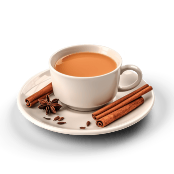 AI generated cup of tea with cinnamon and star anise on a saucer with a spoon on transparency background png