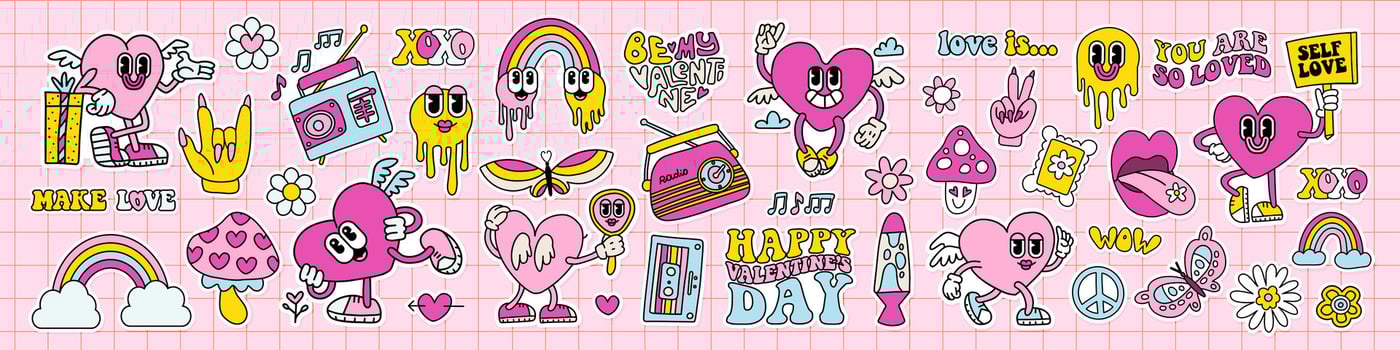 Big Groovy hippie heart characters sticker set. Retro happy Valentines day 90s style collection. Comic happy mascots and vintage hippie elements. Vector hand drawn illustration with lettering quotes.