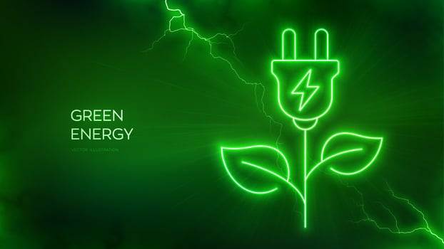 Green energy icon. Clean alternative energy power technology concept. Electric plug glow icon. Energy Efficiency. Alternative fuel. Lightning spark Electric discharge effects. Vector illustration.