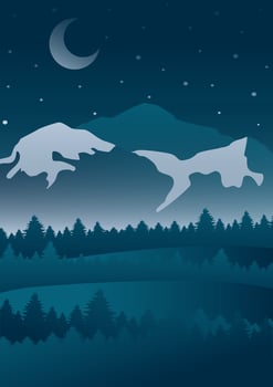 Mountains winter landscape with white peaks illustration. Vector art print of Pyrenees