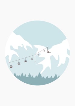 Vector illustration of ski resort with snowy hill. Winter mountain landscape, slope, ski lift. Holiday activity in Alps.