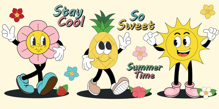 Groovy summer vacation stickers set vector illustration. Cartoon isolated funny comic characters of summer fruit. Retro hippie badges collection