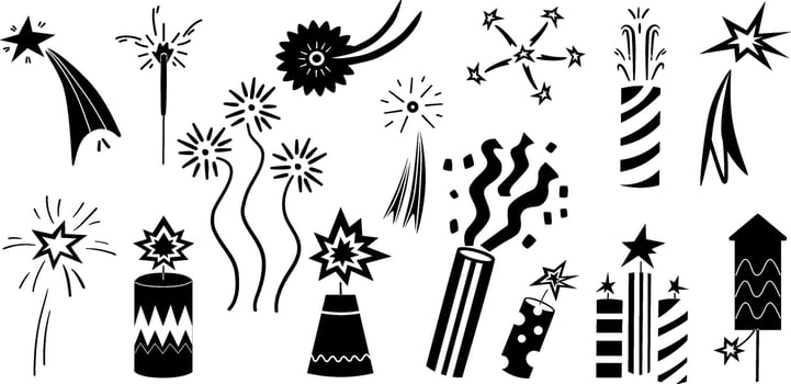 A set of silhouettes of fireworks, rockets, firecrackers. Celebration. vector