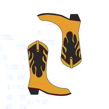 Hand drawn outline of retro cowboy boots with traditional fringe, belt. Vector cowgirl and western style cowboy boots. Funny Wild West shoes with an ornament for a poster, T-shirt print.