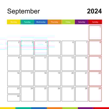 September 2024 colorful wall calendar, week starts on Monday. vector
