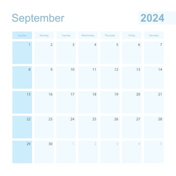 2024 September wall planner in blue color, week starts on Sunday. vector