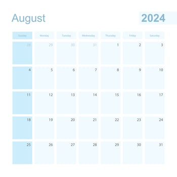 2024 August wall planner in blue color, week starts on Sunday. vector