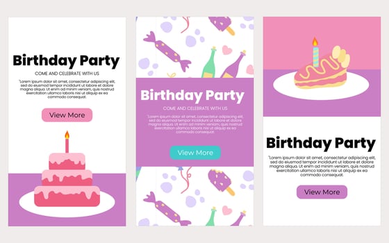 Birthday party social media banners template. Poster, cover, with hand drawn party element vector illustration
