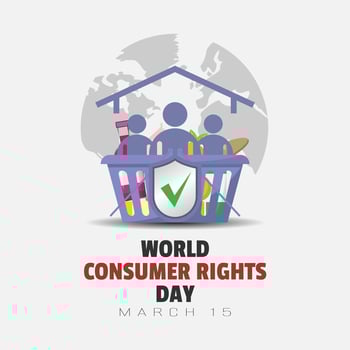 World Consumer Rights Day poster with people and baskets full of shopping took refuge under the roofs vector