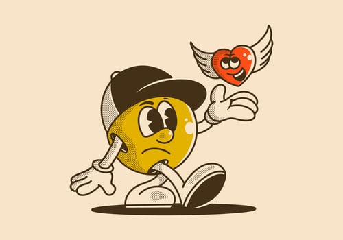 Character illustration of a ball head and flying heart vector