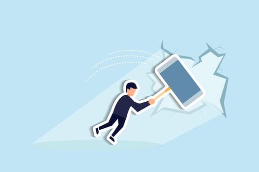Breakthrough business boundary or limit, breaking the wall to see new work opportunities or career challenge concept, superpower businessman crack or breaking the wall with hammer to see light outside vector