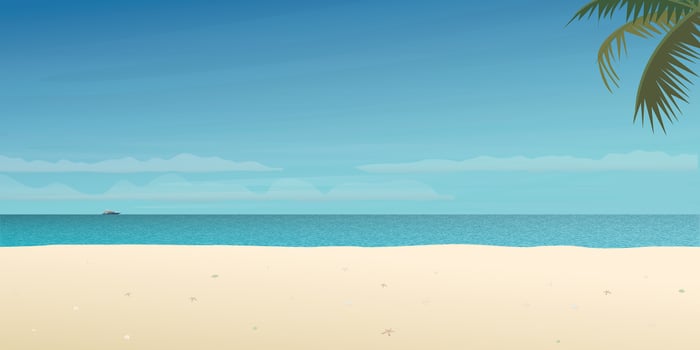 Beach with tropical blue sea background template for advertisment. Beach and seascape vector illustration have blank space.
