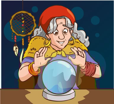 Gypsy fortune teller with crystal ball and a table. Cartoon illustration of woman oracle vector