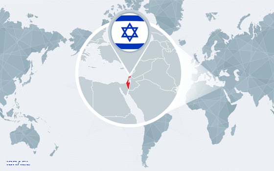 World map centered on America with magnified Israel. vector