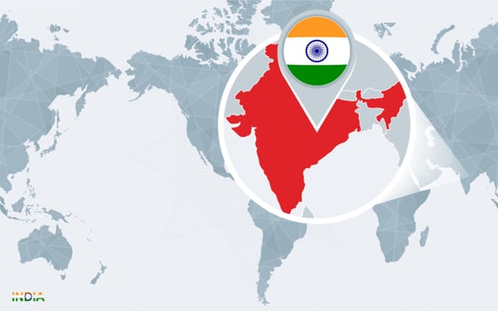 World map centered on America with magnified India. vector