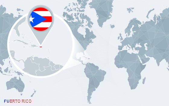 World map centered on America with magnified Puerto Rico. vector