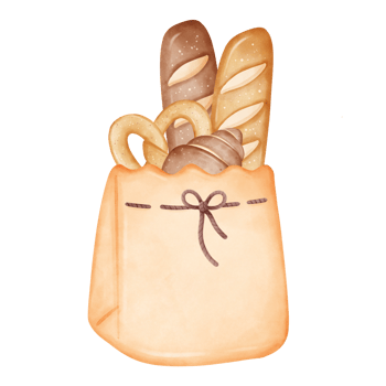 Illustration of a bakery set packaged in a paper bag png