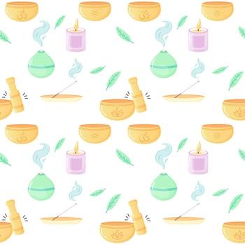 Seamless pattern of yoga, aromatherapy, meditation, incense and singing bowls. For your fabric or design Seamless pattern of yoga, aromatherapy, meditation, incense and singing bowls. vector
