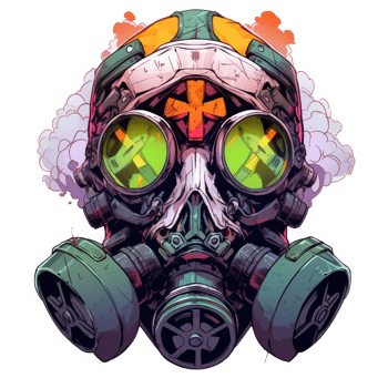 AI generated cartoon illustration of a hooded robot head and gas mask, this asset is suitable for t-shirt screen printing, fantasy themed designs, and visual storytelling. png