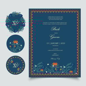Floral Wedding Invitation Card and Stickers in Spring color palette. Template for Wedding Invitations, stickers, seals, name initials, name tags, floral frames etc with place for texts. vector