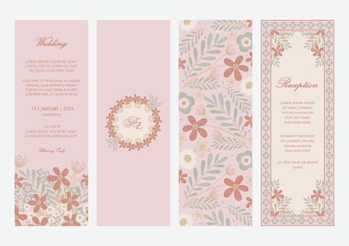 Floral vertical Invitations in Spring color palette. Template for invitation card, wedding invitation, name tag, thank you message, bookmark, menu, label, banner etc with place for texts. vector