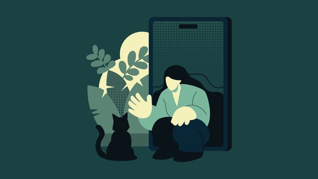 Digital Detox, Woman comes out of Phone Screen to play with Cat Flat Vector Illustration Concept