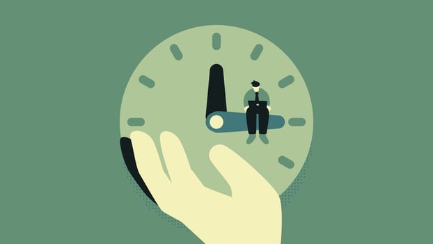 Work Life Balance, Businessman sitting and working on the Clock Flat Vector Illustration Concept