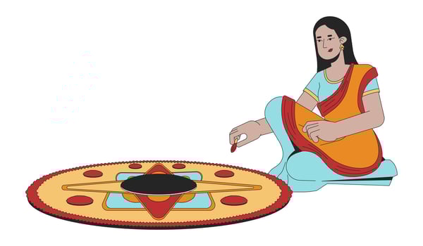 Young indian woman making muggu 2D linear cartoon character. South asian lady isolated line vector person white background. Hindu festival of lights Deepawali custom color flat spot illustration