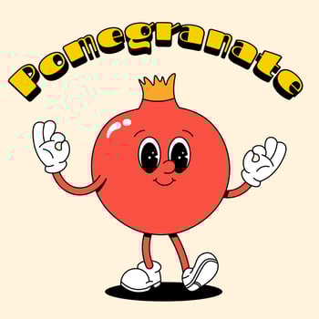 Retro Pomegranate with arms and legs. Red groove fruit. Vector illustration for juice, drink, stickers