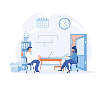 Woman at the doctors appointment. Of a smiling girl and male doctor sitting and talking at the table in the office.  flat vector modern illustration