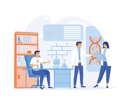Genetic science. DNA molecule laboratory research, gene structure information.  flat vector modern illustration