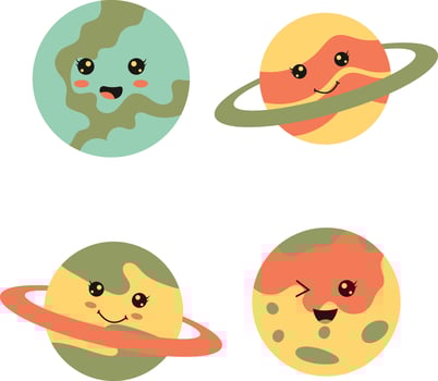 Cute Planet Character. Flat Cartoon Design. Vector Icon Set