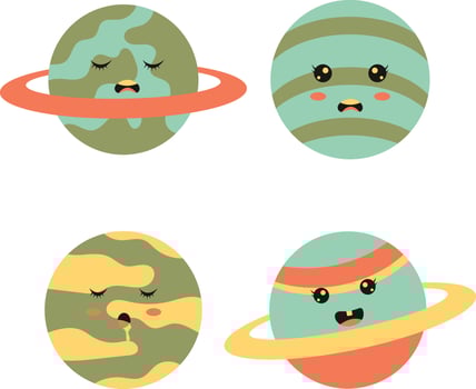Cute Planet Character. Flat Cartoon Design. Vector Icon Set