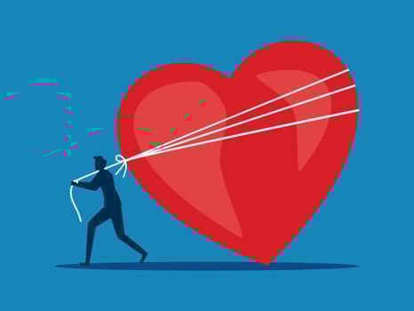 Effort and love. Businessman dragging the heart vector