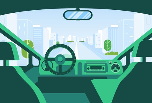 People Hands driving a car on the modern city road dashboard interior view vector