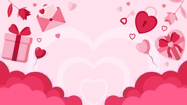 Romantic vector illustration banner or poster using pink and red colors.Greeting card with cloud background, flying love balloons,gift box,roses,paper hearts,key,and a padlock.Space for text.