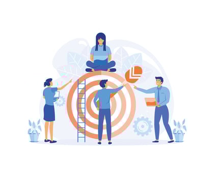 Businessmen working and woman at big target with arrow.flat vector modern illustration